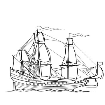 sketch of sailing vintage ship, coloring book, isolated object on white background, vector illustration,