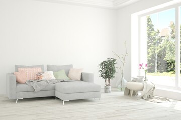 Fototapeta premium Minimalist living room in white color with sofa and summer landscape in window. Scandinavian interior design. 3D illustration