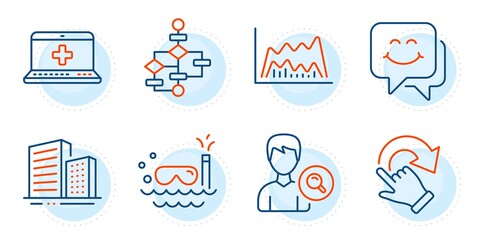 Block diagram, Search people and Medical help signs. Buildings, Smile face and Trade chart line icons set. Rotation gesture, Scuba diving symbols. City architecture, Chat. Business set. Vector