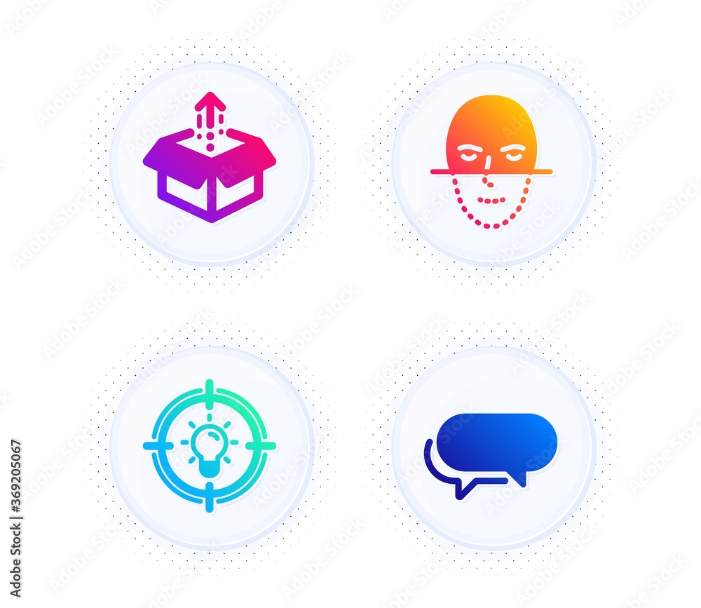 Poster idea, face recognition and send box icons simple set. button with halftone dots. messenger sign. sol