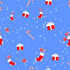 Christmas seamless pattern with gifts, candies, snowflakes, flat vector illustration
