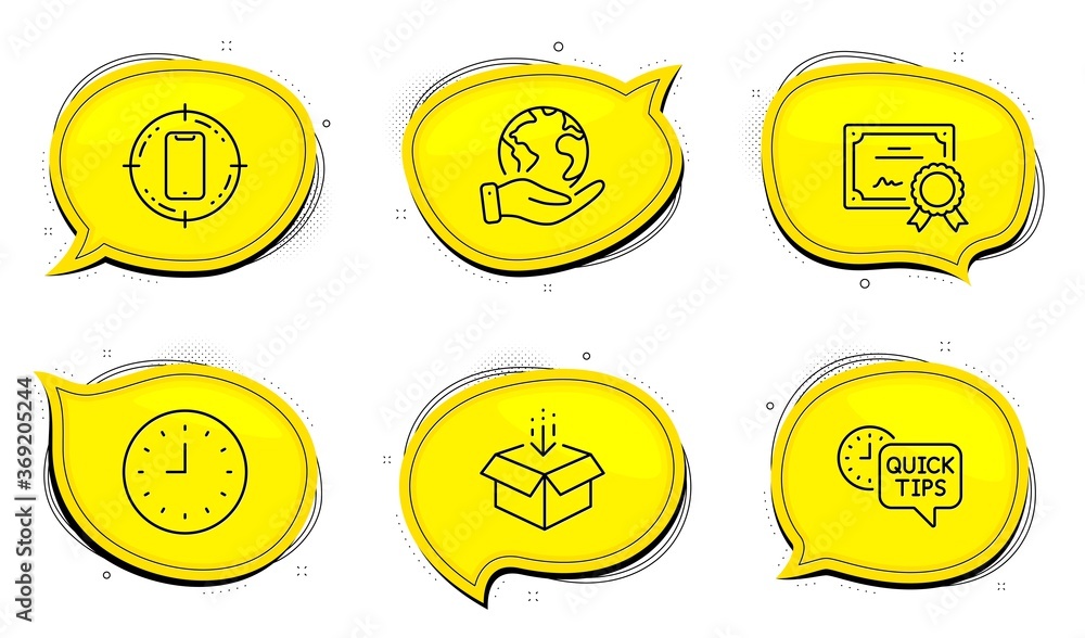 Poster smartphone target sign. diploma certificate, save planet chat bubbles. quick tips, get box and clock