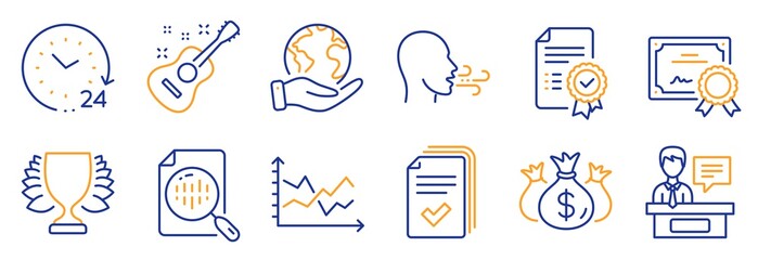 Set of Education icons, such as Check investment, Analytics chart. Certificate, save planet. Guitar, 24 hours, Breathing exercise. Exhibitors, Diagram chart, Winner. Vector