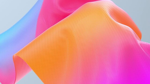 Close up.Light fabric of predominantly warm shades, rainbow gradient, knitwear with a hole, textiles on a gray background fluttering in the wind.Colorful abstract 3d animation,futuristic motion design
