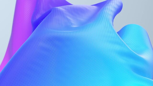 Light fabric with a rainbow gradient, predominantly lilac-blue, knitwear with a hole, breathable texture, textiles on a gray background flutter in the wind. Colorful abstract 3d animation, futuristic 