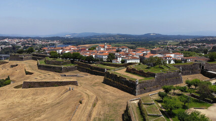 Fototapeta na wymiar Aerial view of the fortress of Valenca do Minho in Portugal. Valença is a walled town located on the left bank of Minho River. The fortress is a piece of gothic and baroque military architecture.