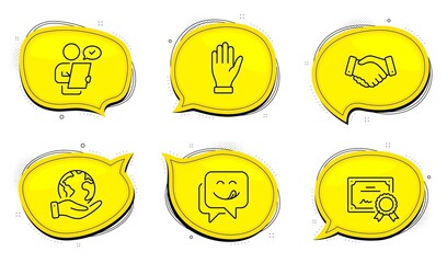 Employees handshake sign. Diploma certificate, save planet chat bubbles. Hand, Yummy smile and Customer survey line icons set. Waving palm, Emoticon, Contract. Deal hand. People set. Vector
