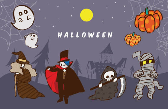 ハロウィン、おばけ、魔女、ドラキュラ、死神、ミイラ男、カボチャのセット