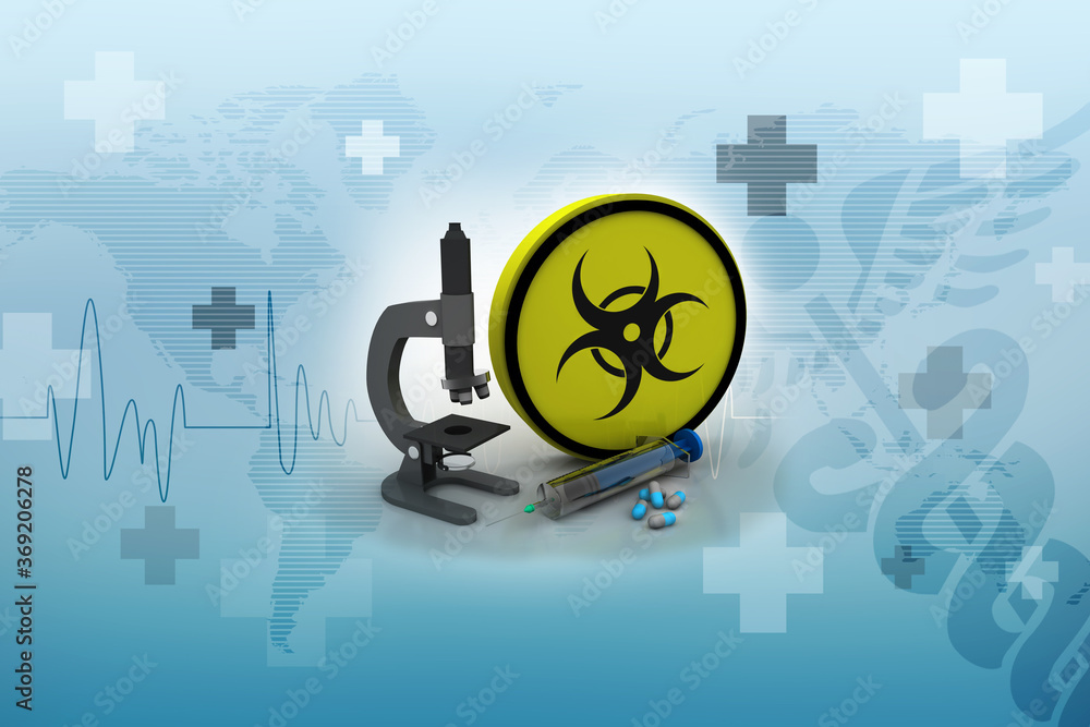 Poster 3d rendering virus testing microscope with syringe with pill