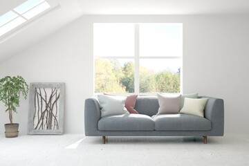 Fototapeta premium White living room with sofa. Scandinavian interior design. 3D illustration