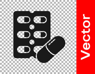 Black Pills in blister pack icon isolated on transparent background. Medical drug package for tablet, vitamin, antibiotic, aspirin. Vector Illustration.