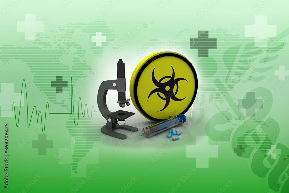 Poster 3d rendering virus testing microscope with syringe with pill