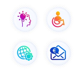 Idea, Globe and Share icons simple set. Button with halftone dots. Euro money sign. Professional job, Internet settings, Referral person. Receive cash. Technology set. Gradient flat idea icon. Vector