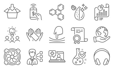 Set of Technology icons, such as Third party, Phone payment. Diploma, ideas, save planet. Report document, Get box, Headphones. Medical help, Elastic, Dirty water. Vector