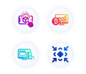 Bitcoin chart, Augmented reality and Online payment icons simple set. Button with halftone dots. Minimize sign. Cryptocurrency statistics, Phone simulation, Money. Small screen. Technology set. Vector