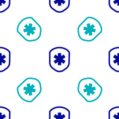 Blue Medical shield with cross icon isolated seamless pattern on white background. Protection, safety, password security. Vector Illustration.