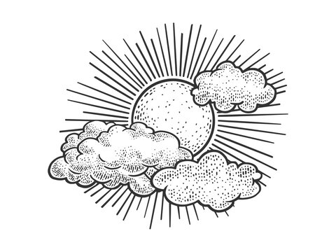 Sun and clouds in sky sketch engraving vector illustration. T-shirt apparel print design. Scratch board imitation. Black and white hand drawn image.