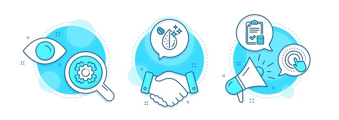 Accounting checklist, Click hand and Dirty water line icons set. Handshake deal, research and promotion complex icons. Seo gear sign. Calculator, Touch gesture, Aqua drop. Cogwheel. Vector