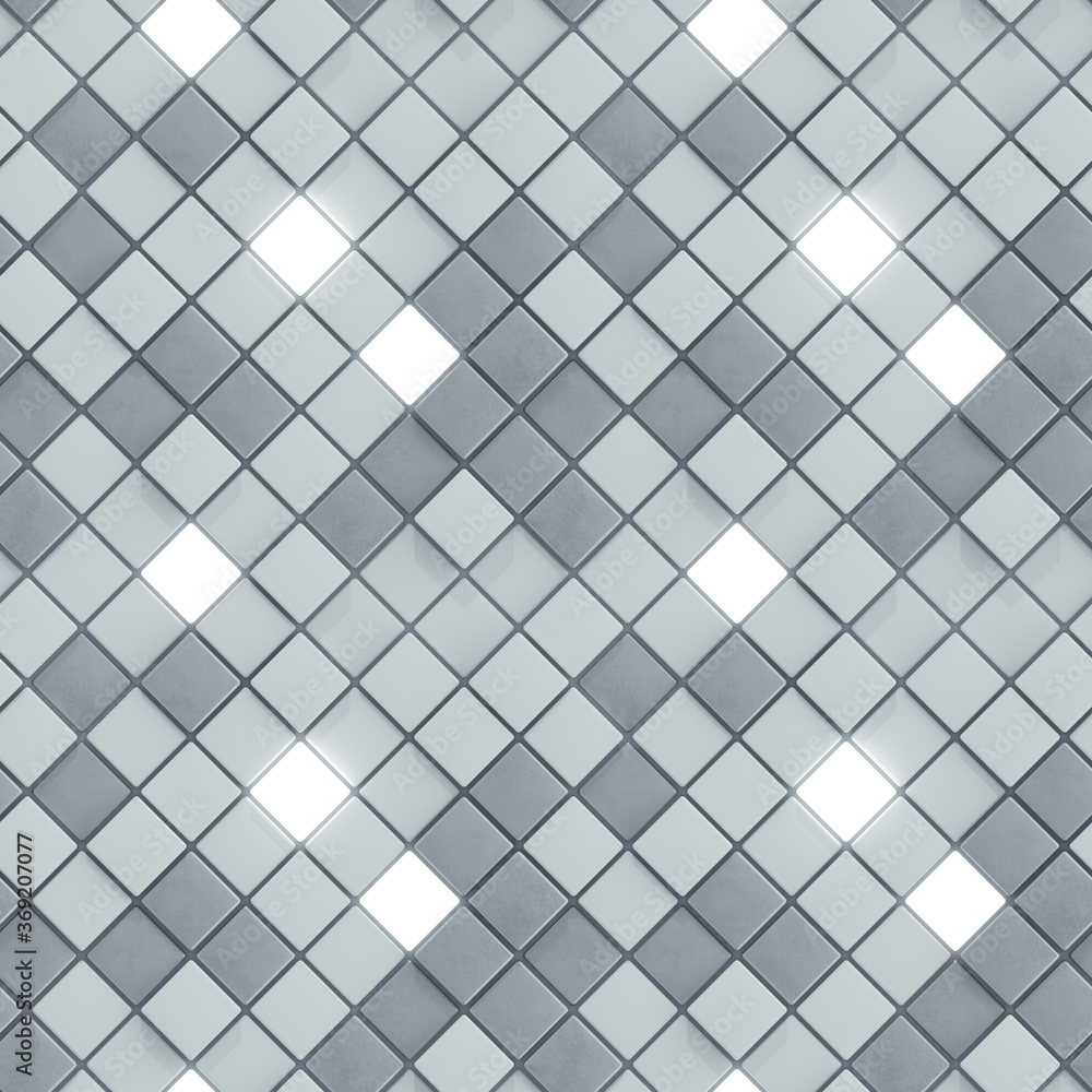 Poster seamless pattern of concrete and illuminating cubes 3d render