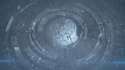 Rotating circle elements in fog 3D rendering illustration