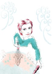 Remember Paris. 
A girl with a selfie stick takes a selfie at the Eiffel Tower. People are sophisticated for the sake of spectacular photography. Comic illustration. Hand Drawn style.