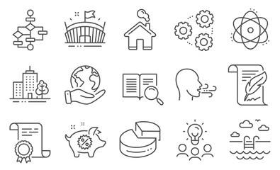 Set of Business icons, such as Gears, Block diagram. Diploma, ideas, save planet. Swimming pool, Breathing exercise, Piggy sale. Skyscraper buildings, Home, Search text. Atom, Arena, Pie chart. Vector