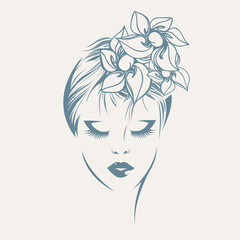 Woman with elegant hairstyle and makeup.Beautiful girl portrait with flowers in her hair.Hair salon and beauty studio vector illustration.Cosmetics and spa logo.Cute young lady face.