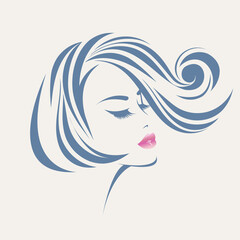 Woman with wavy hairstyle and elegant makeup.Young lady.Hair salon and beauty studio vector illustration.Beautiful girl portrait.Cosmetics and spa logo.Pretty face isolated on light background.