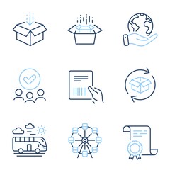 Ferris wheel, Return parcel and Get box line icons set. Diploma certificate, save planet, group of people. Parcel invoice, Bus travel and Packing boxes signs. Vector