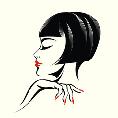 Woman with elegant hairstyle, makeup and manicure.Brunette young lady.Hair salon, nails art and beauty studio vector illustration.Flapper girl portrait.Cosmetics and spa logo.Pretty face.Red lips.