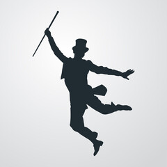 Silueta de bailarín de claqué retro con chistera y bastón en fondo gris © teracreonte