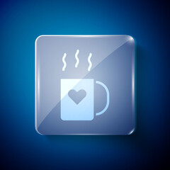 White Coffee cup and heart icon isolated on blue background. Couple coffee for lovers on Valentines Day. Square glass panels. Vector Illustration.