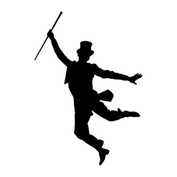 Silueta de bailar&iacute;n de claqu&eacute; retro con chistera y bast&oacute;n en color negro
