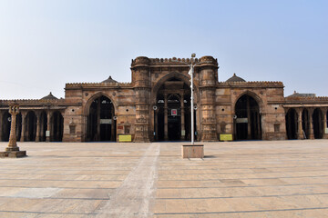 Fototapeta na wymiar Ahmedabad, Gujarat, India, January 2020, Front View of Jami Masjid or Friday Mosque, built in 1424 during the reign of Ahmed Shah