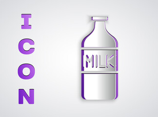 Fototapeta premium Paper cut Closed glass bottle with milk icon isolated on grey background. Paper art style. Vector Illustration.