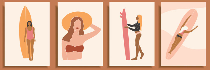 Set of abstract female shapes and silhouettes on retro summer background. Abstract women portraits in pastel colors. Collection of contemporary art posters.Girls surfers in swimsuits for social media