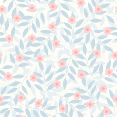 seamless floral pattern, orange flowers and pale blue leaves on creamy white background, vector illustration for all prints