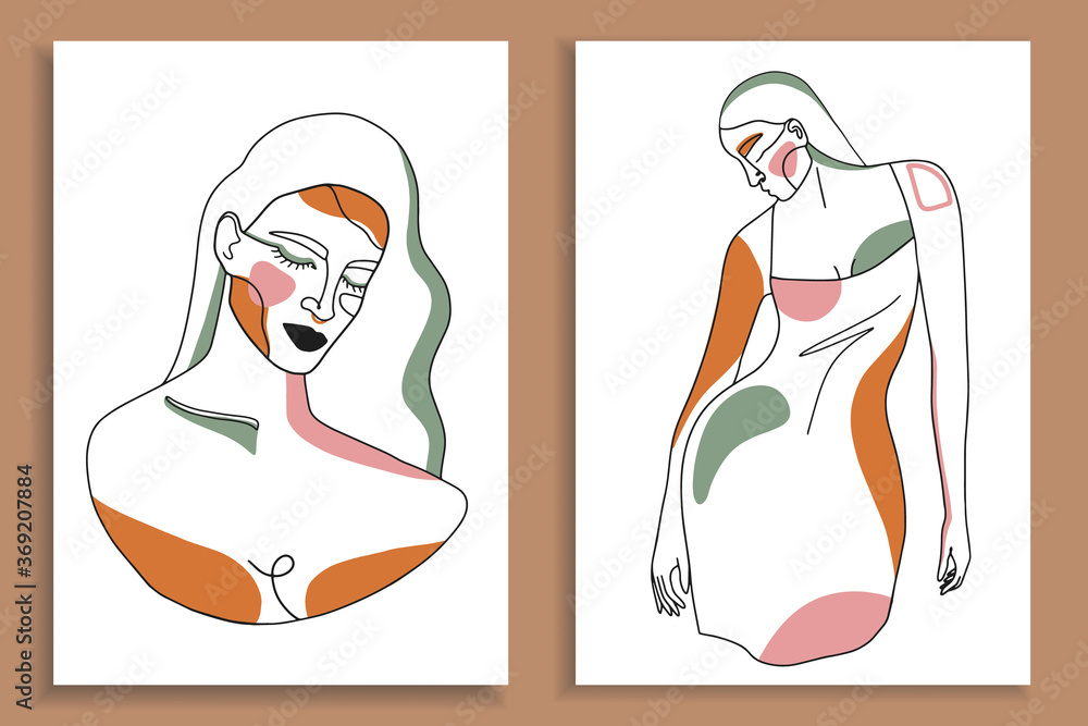 Wall mural Modern abstract faces with abstract shapes. Minimalism concept. Line art drawing style. Contemporary silhouette of woman. Hand drawn trendy vector posters, illustrations for print.