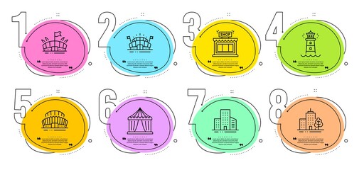 Skyscraper buildings, Arena and Sports arena signs. Timeline steps infographic. Circus tent, Buildings and Lighthouse line icons set. Shop, Sports stadium symbols. Vector