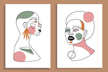 Modern abstract faces with abstract shapes. Minimalism concept. Line art drawing style. Contemporary silhouette of woman. Hand drawn trendy vector posters, illustrations for print.