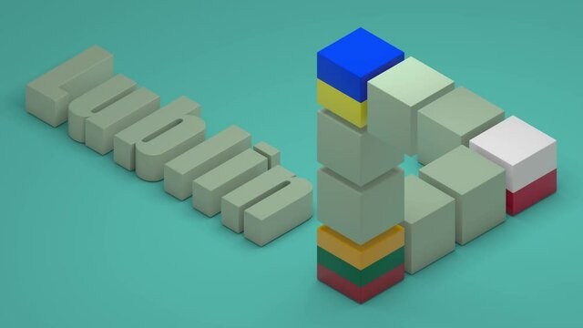 3D animation of the appearance of an impossible triangle with the flags of Ukraine, Poland and Lithuania. Geometric symbol of the political Union of Central Europe.