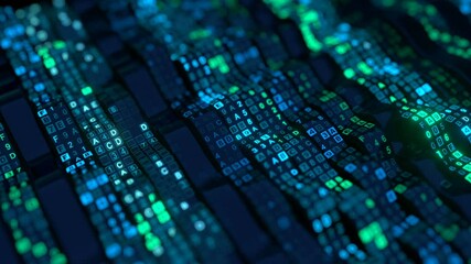 Computer code encrypting on flexible screen. Futuristic information technologies concept. Seamless loop 3D render animation