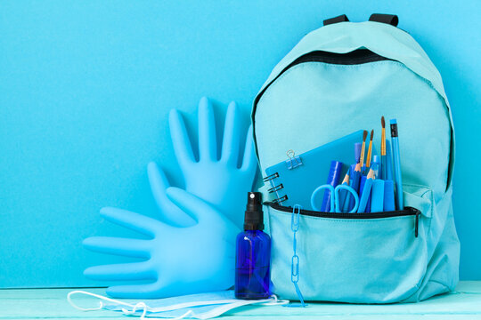 Backpack Prepared With School Stationery Supplies And Medical Mask,gloves Hand Sanitizer For The Back To School.