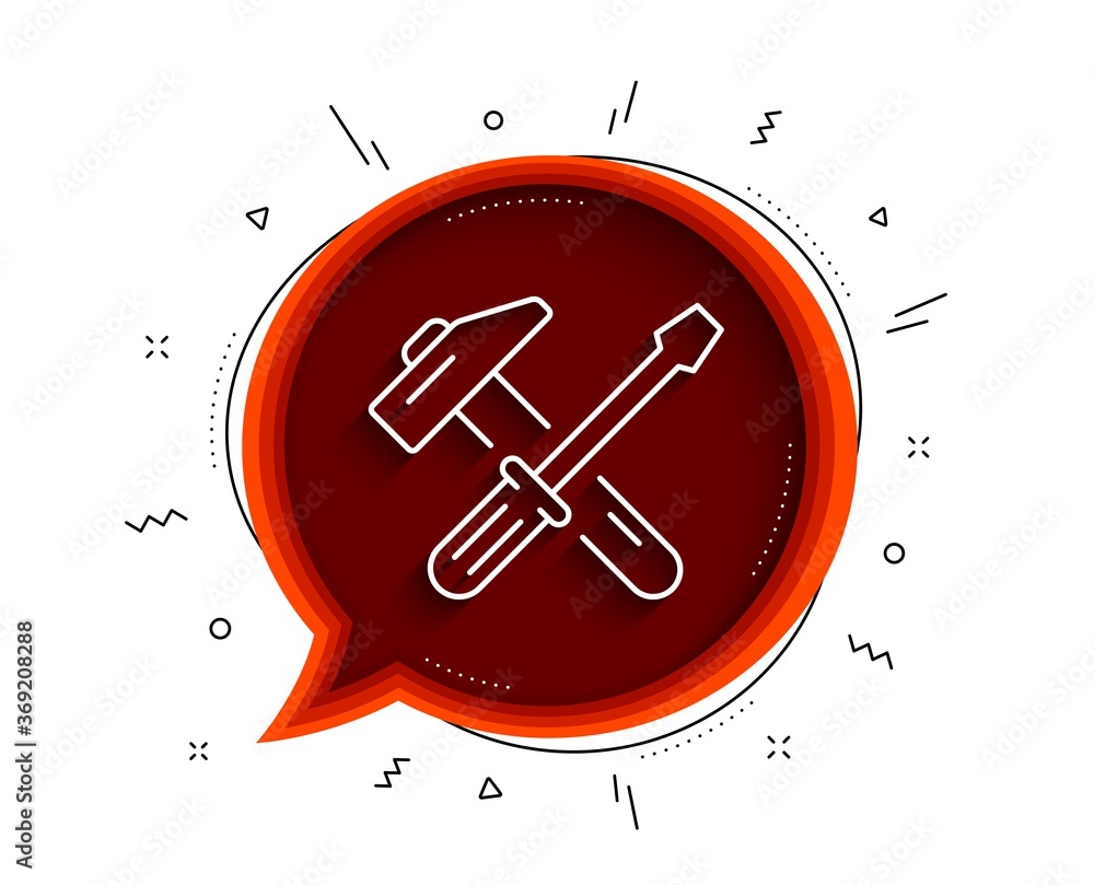 Poster hammer and screwdriver line icon. chat bubble with shadow. repair service sign. fix instruments symb