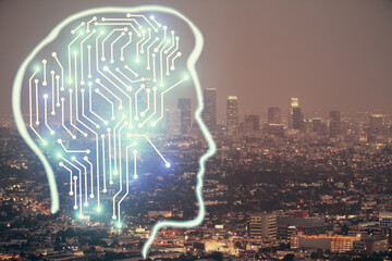 Brain hologram drawing on city scape background Double exposure. Brainstorming concept.