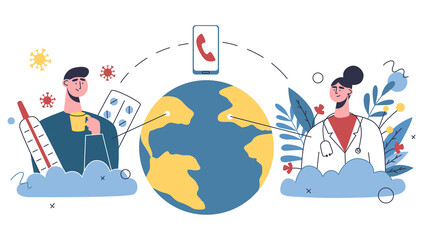 Multidisciplinary hospital concept, online healthcare clinic visit first aid planner website concept. Medical staff and online medical help app. Doctor prescribes recommendations to sick patient 24/7