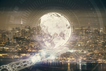 Map and data theme hologram on city view with skyscrapers background double exposure. International technology in business concept.