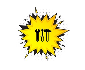 Spanner, hammer and screwdriver icon. Quote speech bubble. Repair service sign. Fix instruments symbol. Quotation marks. Classic spanner tool icon. Vector