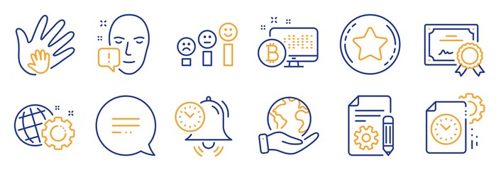 Set of Business icons, such as Face attention, Social responsibility. Certificate, save planet. Seo gear, Time management, Customer satisfaction. Documentation, Loyalty star, Bitcoin system. Vector