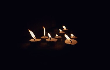 Burning Diya or Candles on Doorstep in Night  During Diwali Festival